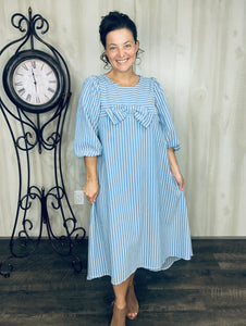 Mandy Pinstripe & Bow Dress- Chambray