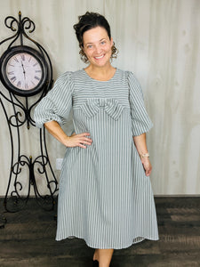 Mandy Pinstripe & Bow Dress- Charcoal