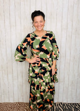 Candice Three Ruffle Dress- Olive Geometric Style