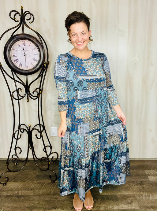 Tonya Tiered Dress- Navy Patchwork