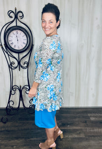 Samantha Ruffle High Low Tunic-Leopard & Blue Roses