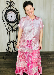Metallic Short Sleeve Buttons Shirt-Pink or Rose Red