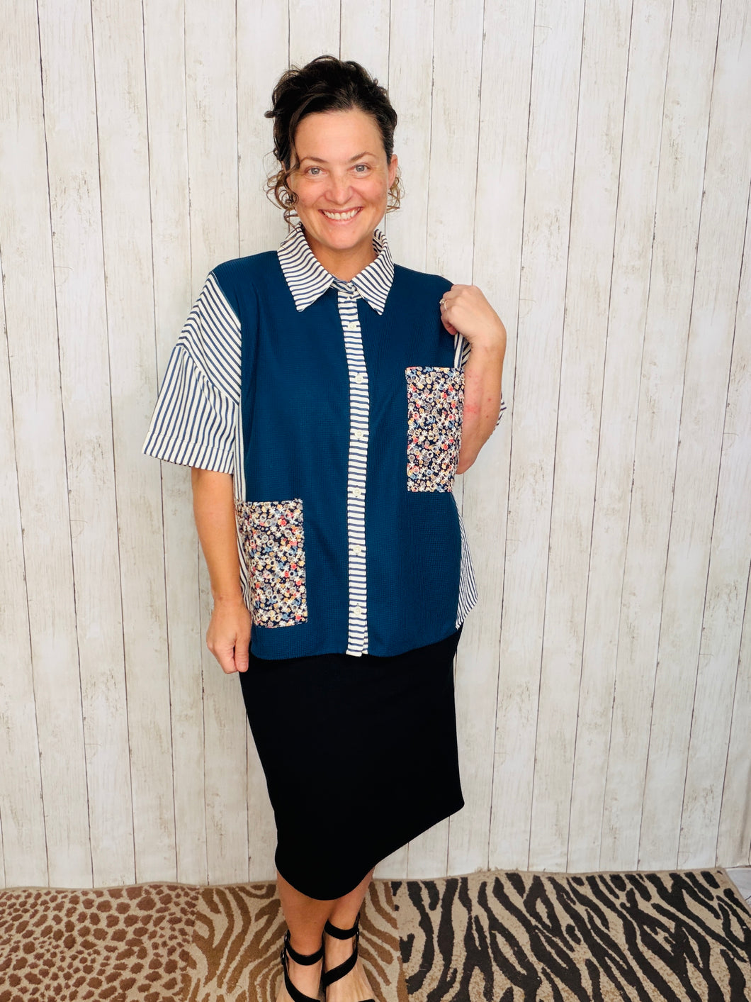 Emily Navy & Stripe Contrast Button Front Top – The King's