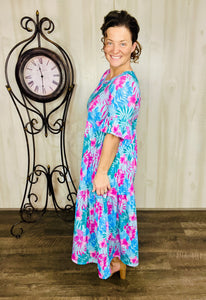 Libby Aqua & Fuchsia Print Ruffle Dress