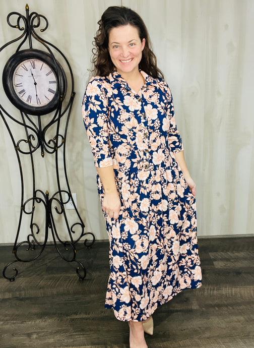 Lina Crinkle Fabric & Buttons Dress- Navy & Floral