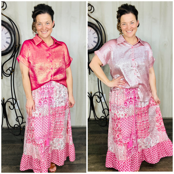 Metallic Short Sleeve Buttons Shirt-Pink or Rose Red
