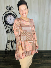 Samantha Ruffle High Low Tunic-Peach & Brown Floral