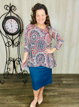 Samantha Ruffle High Low Tunic- Blue & Pink Geometric