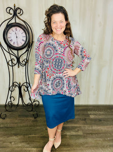 Samantha Ruffle High Low Tunic- Blue & Pink Geometric