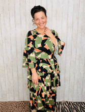 Candice Three Ruffle Dress- Olive Geometric Style