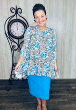 Samantha Ruffle High Low Tunic-Leopard & Blue Roses
