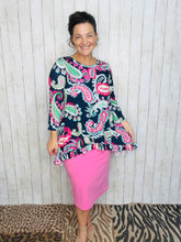 Samantha Ruffle High Low Tunic-Navy & Pink Paisley