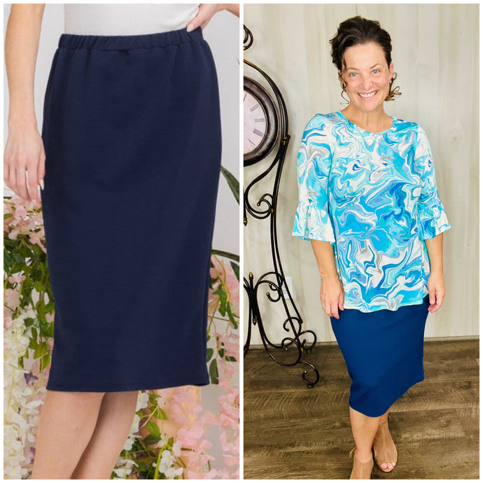 Laura Navy Pencil Style Skirt-Textured (REGULAR & PLUS)