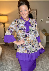 Jasmine Bow & Ruffle Tunic- Purple & Floral