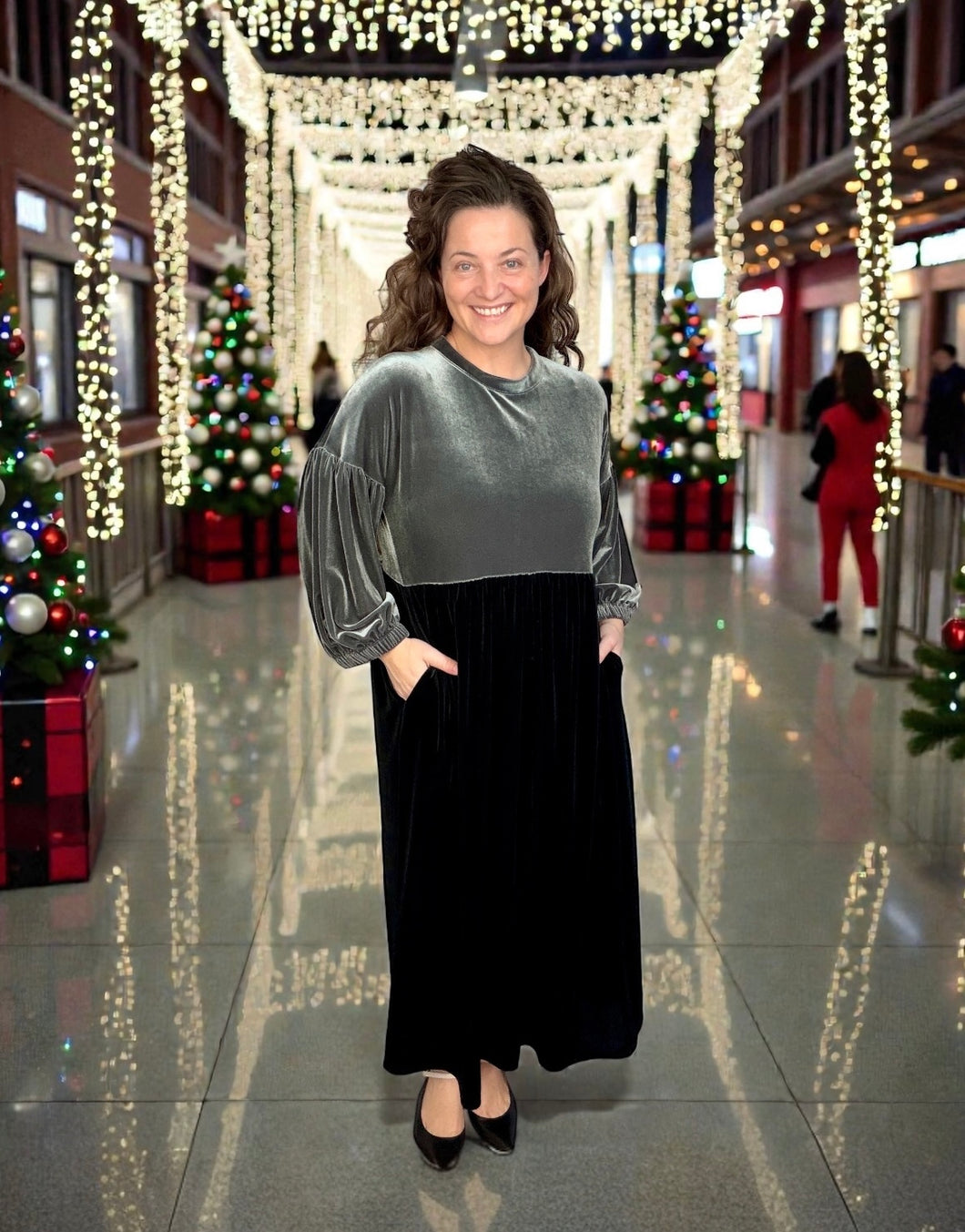 Amanda Velvet Two Tone Dress- Black & Silver