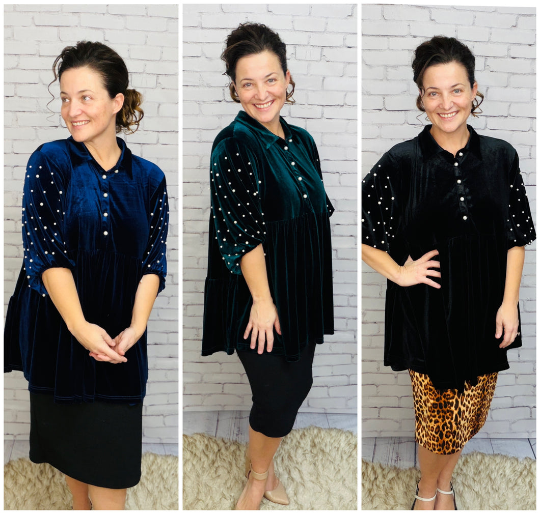 Velvet & Pearl Tunic Style- Black, Hunter Green or Navy