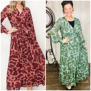 Animal Print Surplice Maxi Dress- Burgundy or Green