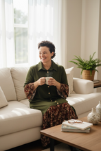 Cammie Button Front Dress- Olive & Floral