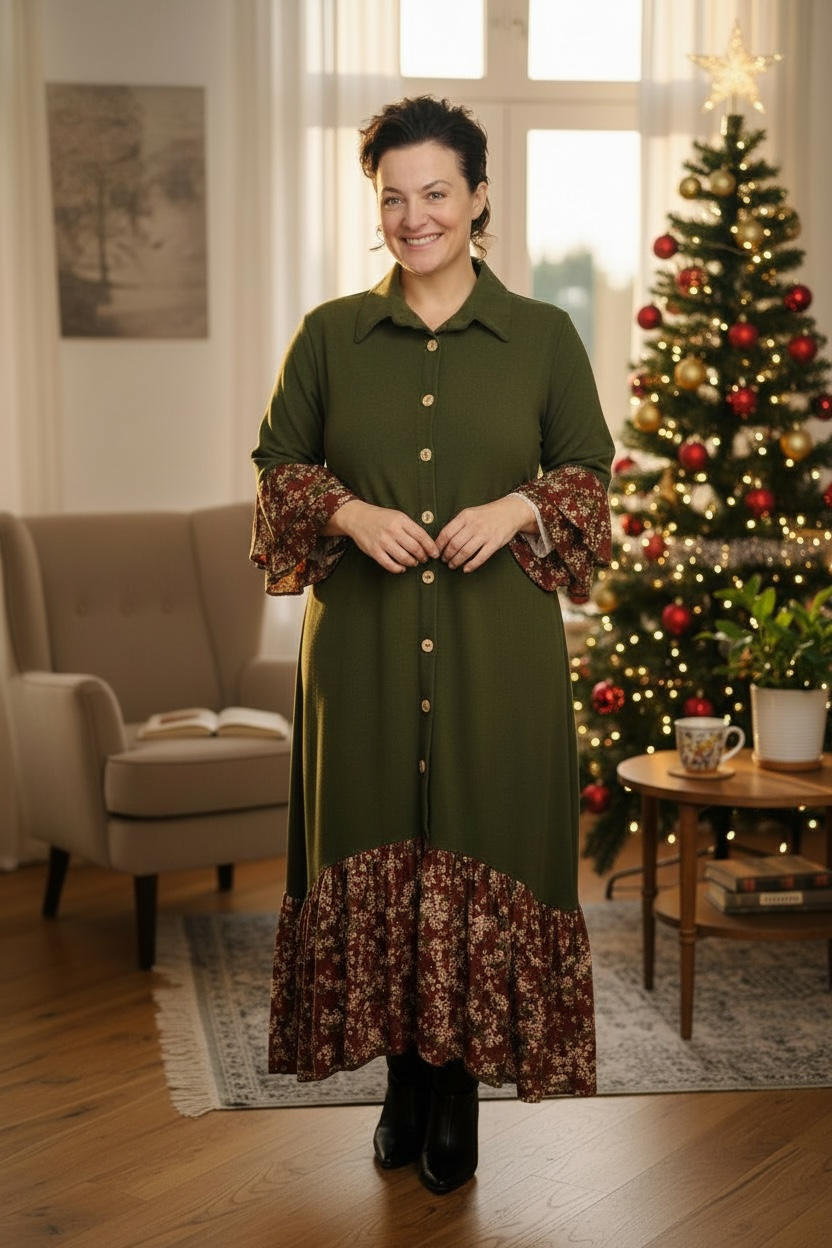 Cammie Button Front Dress- Olive & Floral