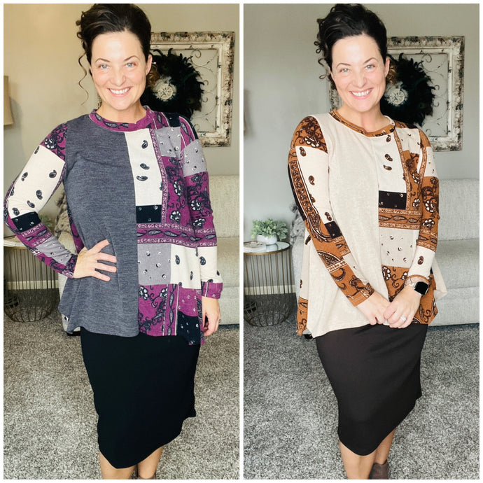 Rita Paisley & Color Tunic- Brown or Plum