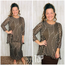 Samantha Ruffle High Low Tunic-Brown Dot & Abstract