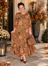 Harvest Season Rust Geometric & Ruffle Dress