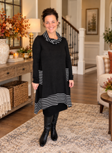 Black & White Striped Cowl Neck Tunic Dress