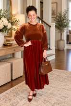 Amanda Velvet Two Tone Dress- Copper & Rust