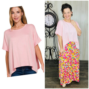 Striped Oversized Short Sleeve Top-Dark Pink