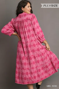 Cindy Jacquard Puff Sleeve Dress Plus-(Rose or Wine)