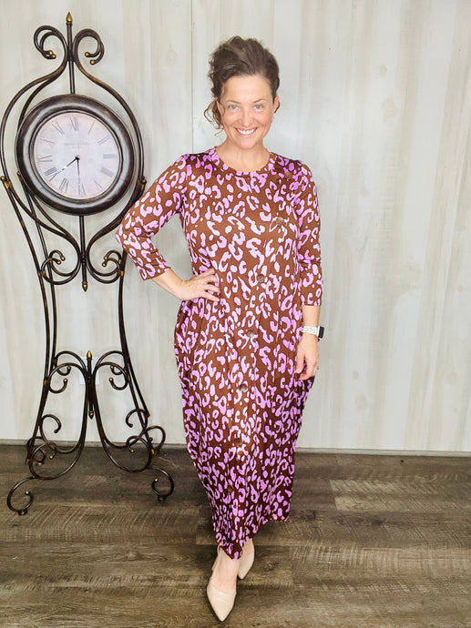 Buttons & Style Dress- Brown & Lilac Leopard