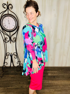 Samantha Ruffle High-Low Tunic-Multicolor Abstract Print