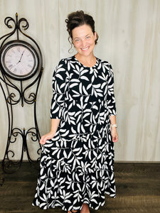 Tonya Marie Tiered Dress-Black Leaf Pattern