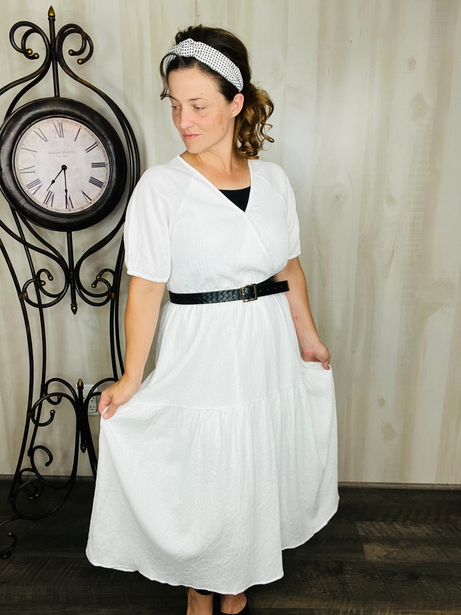 winter white midi dress White sheath midi dress in feminine style