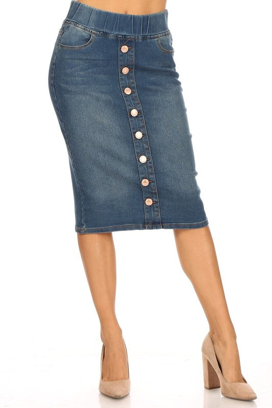 button front denim skirt knee length