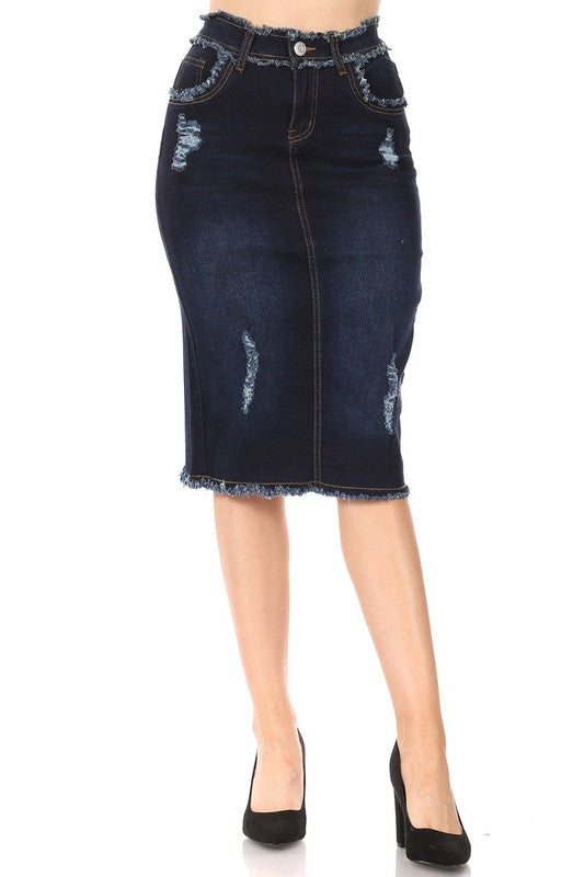 Trendy & Distressed Jean Skirt-Dark Wash