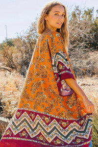 Sophia Chevron & Floral Print Kimono-Orange & Burgundy