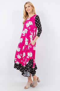 Michella Hot Pink Floral & Polka Dot Dress*