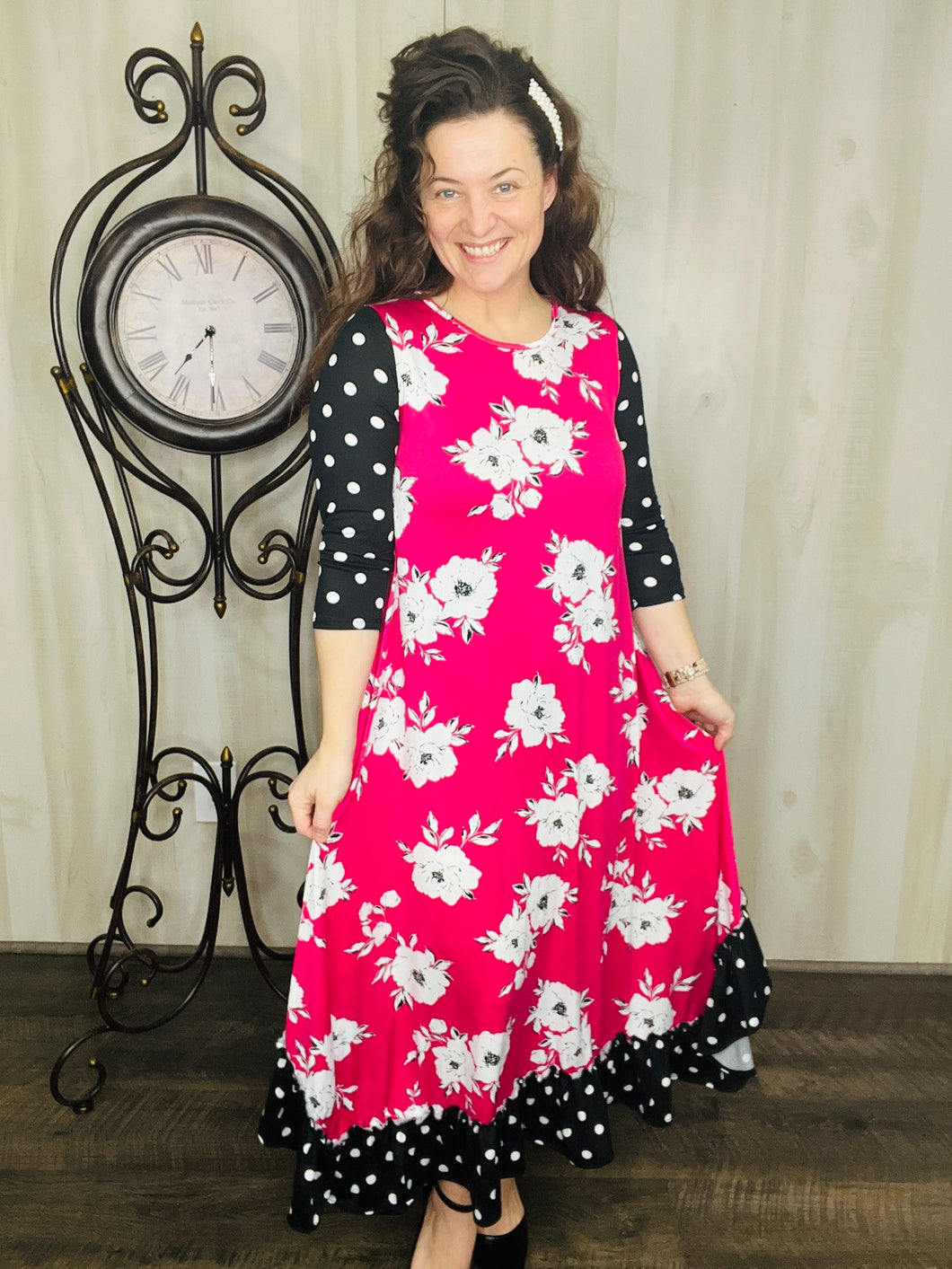 Michella Hot Pink Floral & Polka Dot Dress*