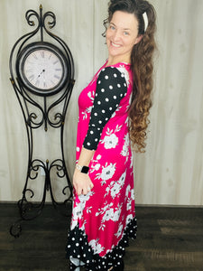 Michella Hot Pink Floral & Polka Dot Dress*